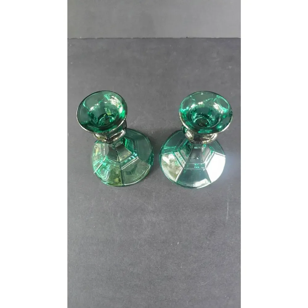 Green Glass Candlestick Holders Pair Small Pedestal Taper Candle Decor Set